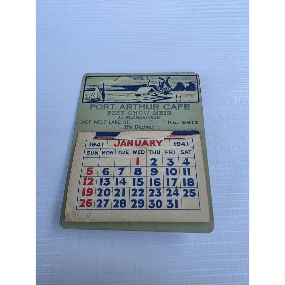 Vintage 1941 Port Arthur Cafe Minneapolis MN Advertising Pocket Calendar w Metal